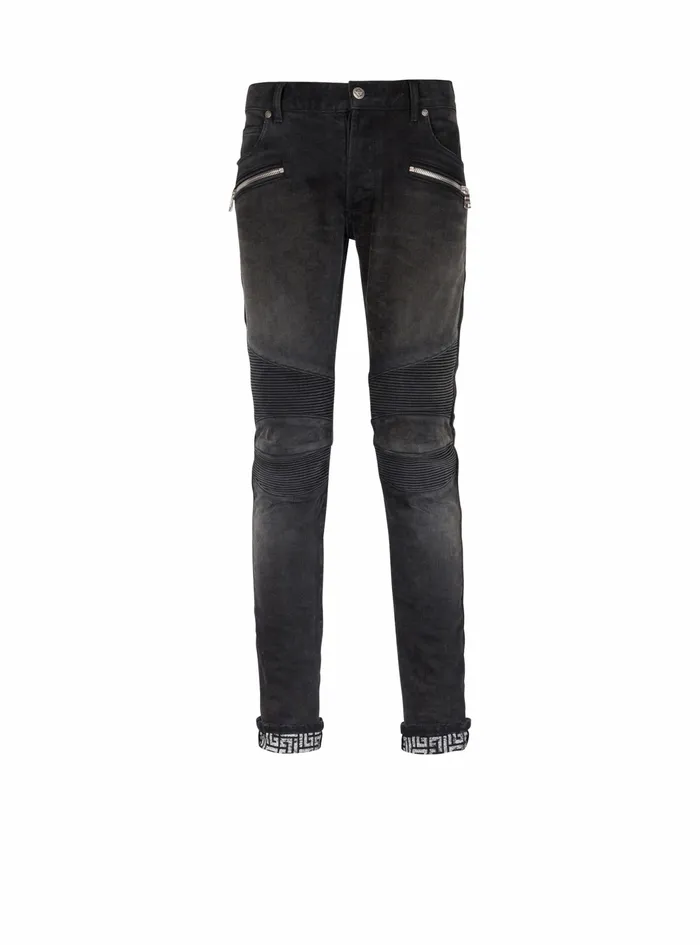Balmain Denim Mens Slim Cut Faded And Ridged Cotton Jeans With Balmain Monogram On Hem Black Balmain Denim Mens Slim Cut Faded And Ridged Cotton Jeans With Balmain Monogram On Hem Black