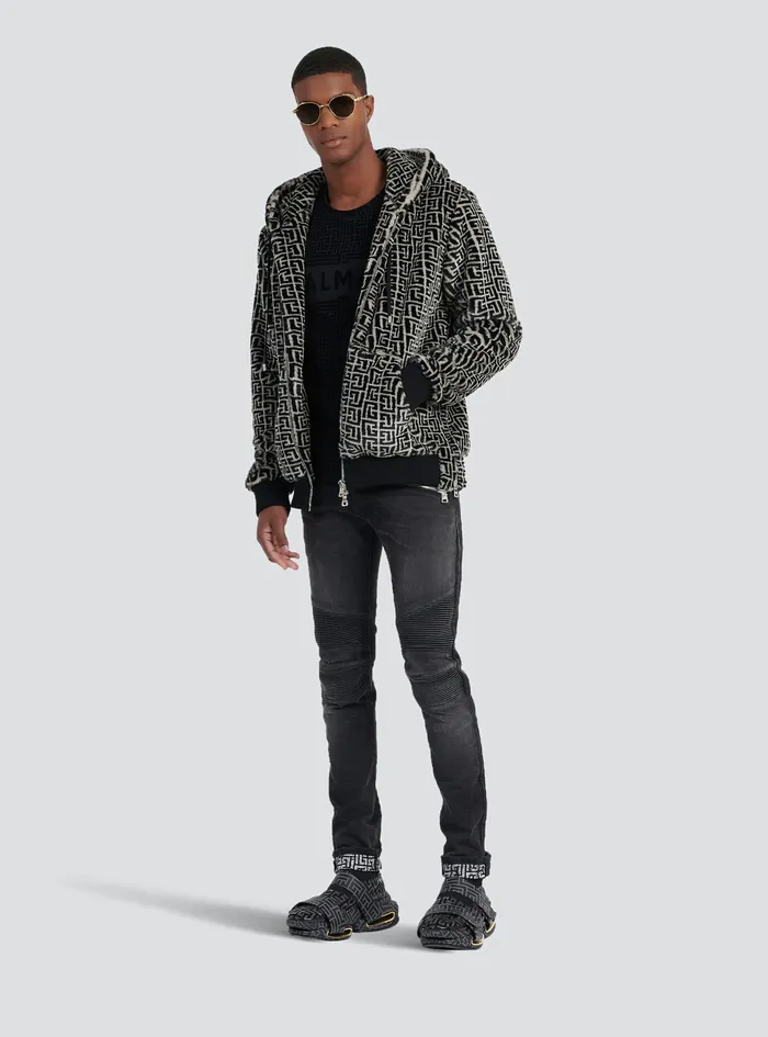 Balmain Denim Mens Slim Cut Faded And Ridged Cotton Jeans With Balmain Monogram On Hem Black Balmain Denim Mens Slim Cut Faded And Ridged Cotton Jeans With Balmain Monogram On Hem Black