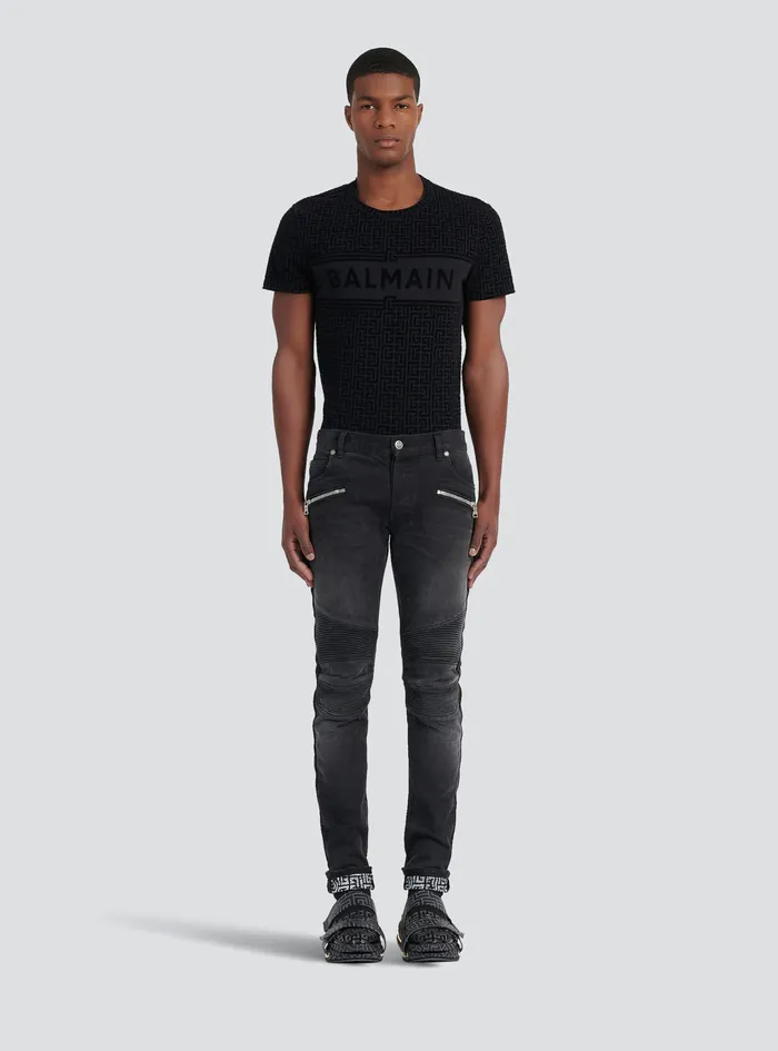 Balmain Denim Mens Slim Cut Faded And Ridged Cotton Jeans With Balmain Monogram On Hem Black Balmain Denim Mens Slim Cut Faded And Ridged Cotton Jeans With Balmain Monogram On Hem Black