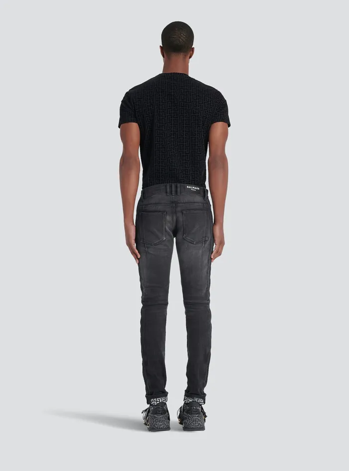 Balmain Denim Mens Slim Cut Faded And Ridged Cotton Jeans With Balmain Monogram On Hem Black Balmain Denim Mens Slim Cut Faded And Ridged Cotton Jeans With Balmain Monogram On Hem Black
