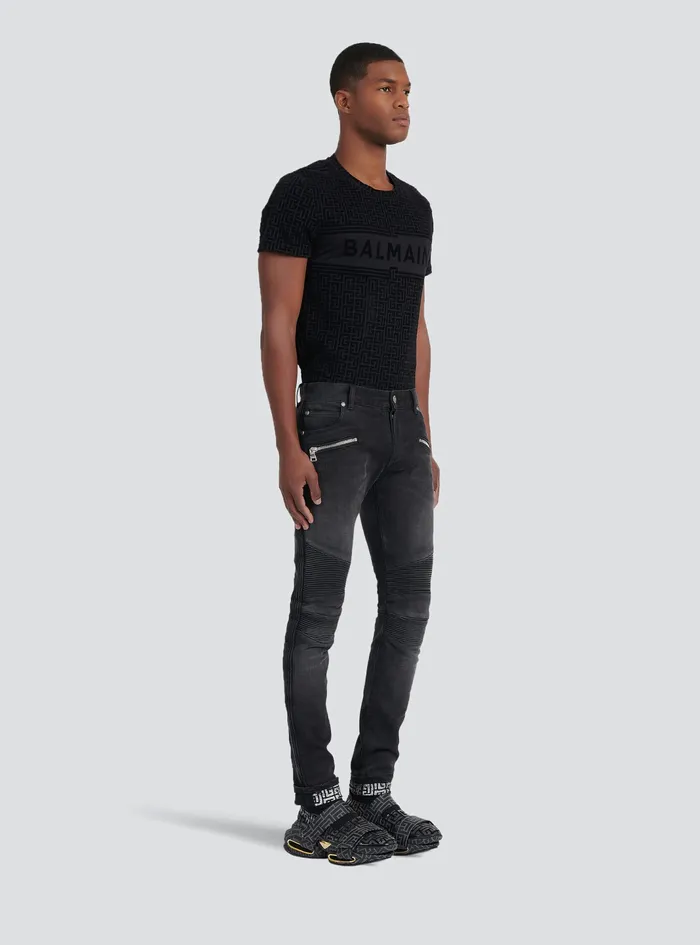 Balmain Denim Mens Slim Cut Faded And Ridged Cotton Jeans With Balmain Monogram On Hem Black Balmain Denim Mens Slim Cut Faded And Ridged Cotton Jeans With Balmain Monogram On Hem Black