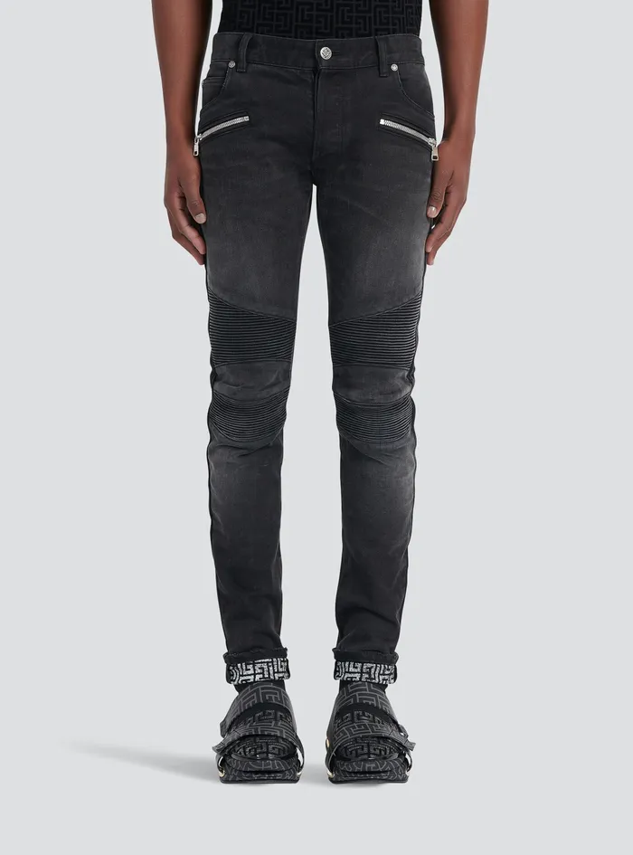 Balmain Denim Mens Slim Cut Faded And Ridged Cotton Jeans With Balmain Monogram On Hem Black Balmain Denim Mens Slim Cut Faded And Ridged Cotton Jeans With Balmain Monogram On Hem Black