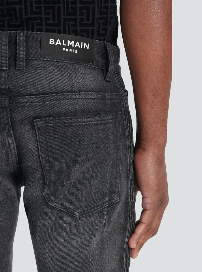 Balmain Denim Mens Slim Cut Faded And Ridged Cotton Jeans With Balmain Monogram On Hem Black Balmain Denim Mens Slim Cut Faded And Ridged Cotton Jeans With Balmain Monogram On Hem Black