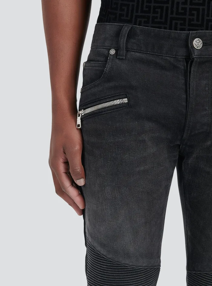 Balmain Denim Mens Slim Cut Faded And Ridged Cotton Jeans With Balmain Monogram On Hem Black Balmain Denim Mens Slim Cut Faded And Ridged Cotton Jeans With Balmain Monogram On Hem Black