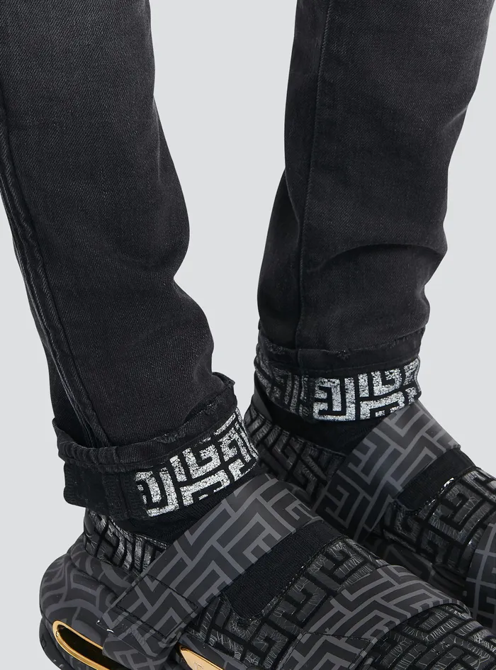 Balmain Denim Mens Slim Cut Faded And Ridged Cotton Jeans With Balmain Monogram On Hem Black Balmain Denim Mens Slim Cut Faded And Ridged Cotton Jeans With Balmain Monogram On Hem Black