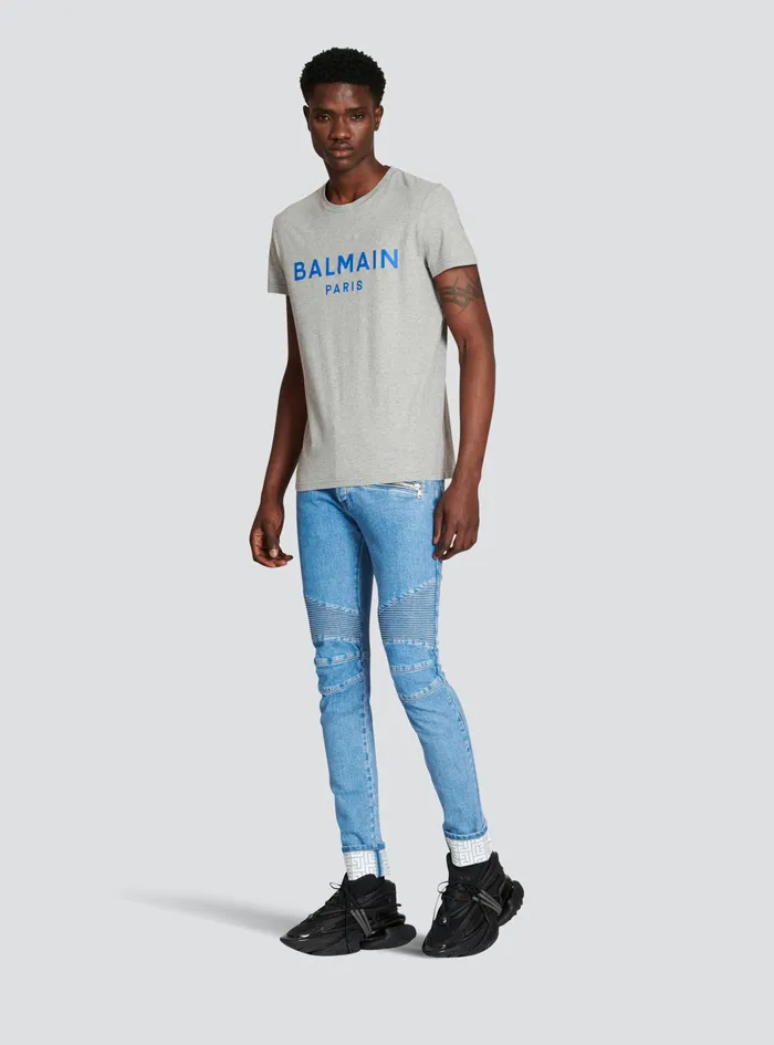 Balmain Denim Mens Slim Cut Ridged Cotton Jeans With Balmain Monogram Hem Blue