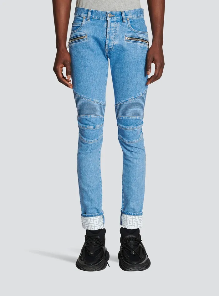 Balmain Denim Mens Slim Cut Ridged Cotton Jeans With Balmain Monogram Hem Blue