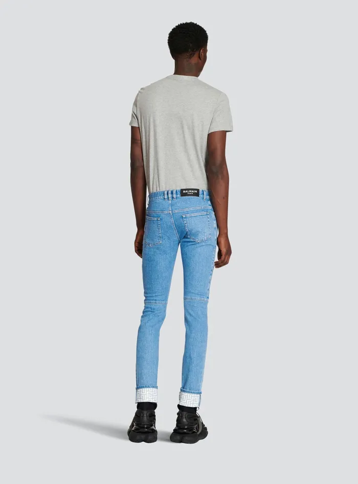 Balmain Denim Mens Slim Cut Ridged Cotton Jeans With Balmain Monogram Hem Blue