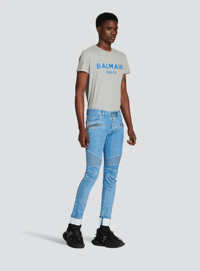Balmain Denim Mens Slim Cut Ridged Cotton Jeans With Balmain Monogram Hem Blue