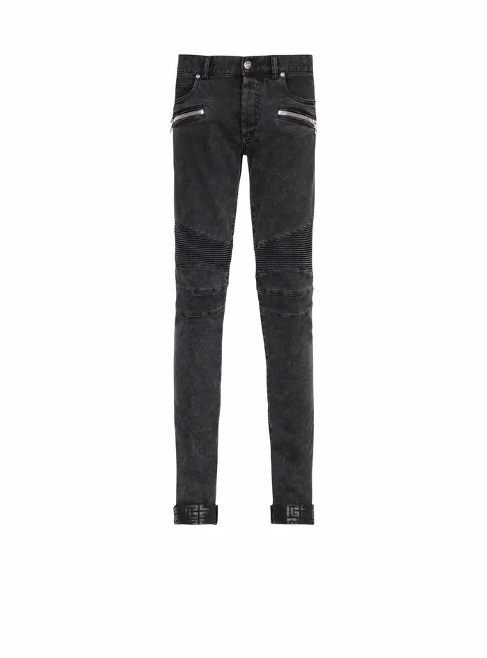Balmain Denim Mens Slim Cut Ridged Cotton Jeans With Balmain Monogram On Hem Black Balmain Denim Mens Slim Cut Ridged Cotton Jeans With Balmain Monogram On Hem Black