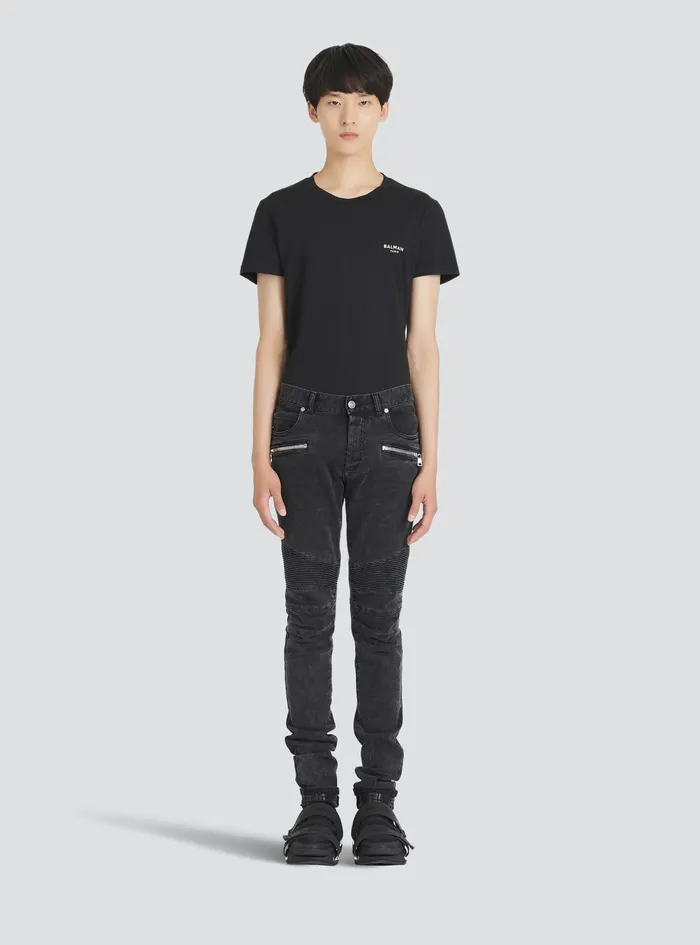 Balmain Denim Mens Slim Cut Ridged Cotton Jeans With Balmain Monogram On Hem Black