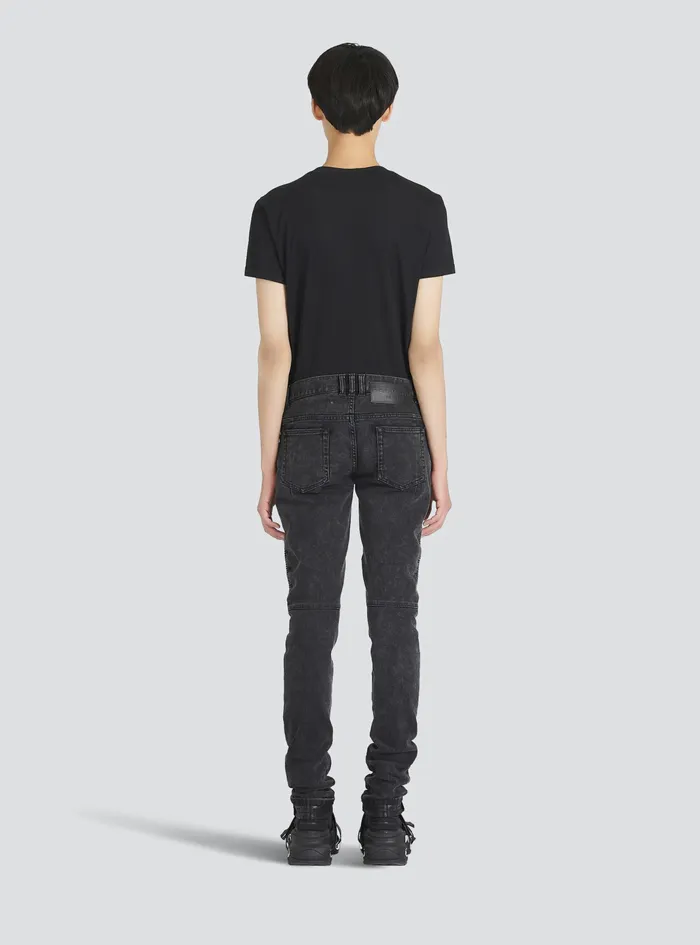 Balmain Denim Mens Slim Cut Ridged Cotton Jeans With Balmain Monogram On Hem Black
