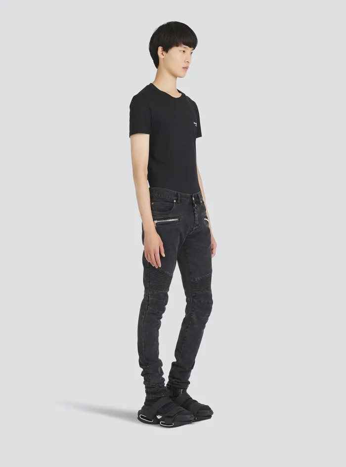 Balmain Denim Mens Slim Cut Ridged Cotton Jeans With Balmain Monogram On Hem Black