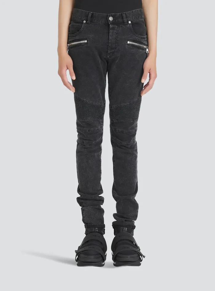Balmain Denim Mens Slim Cut Ridged Cotton Jeans With Balmain Monogram On Hem Black
