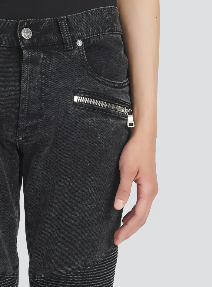 Balmain Denim Mens Slim Cut Ridged Cotton Jeans With Balmain Monogram On Hem Black