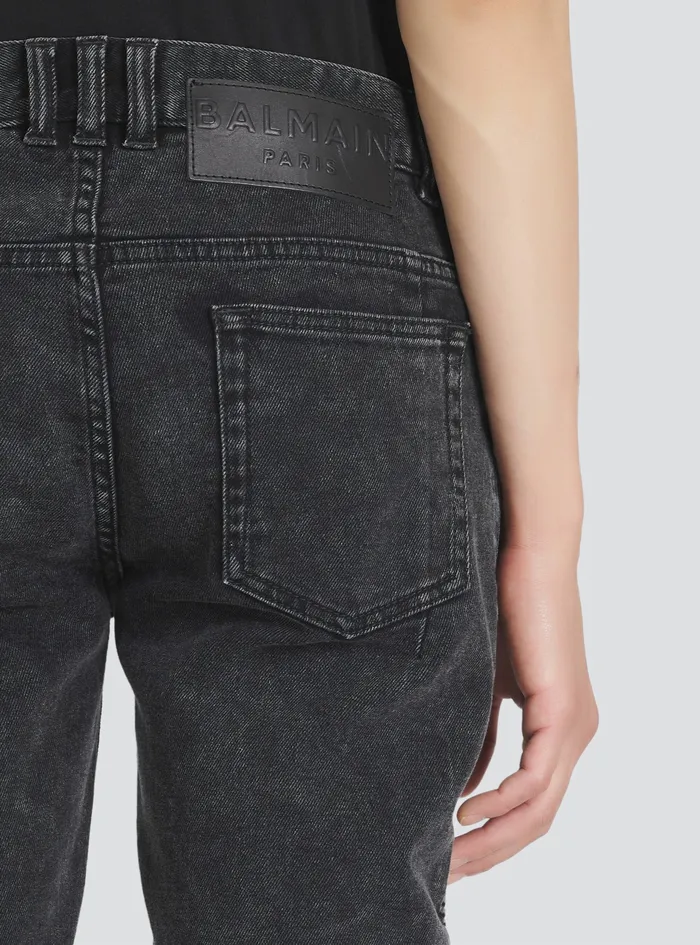 Balmain Denim Mens Slim Cut Ridged Cotton Jeans With Balmain Monogram On Hem Black