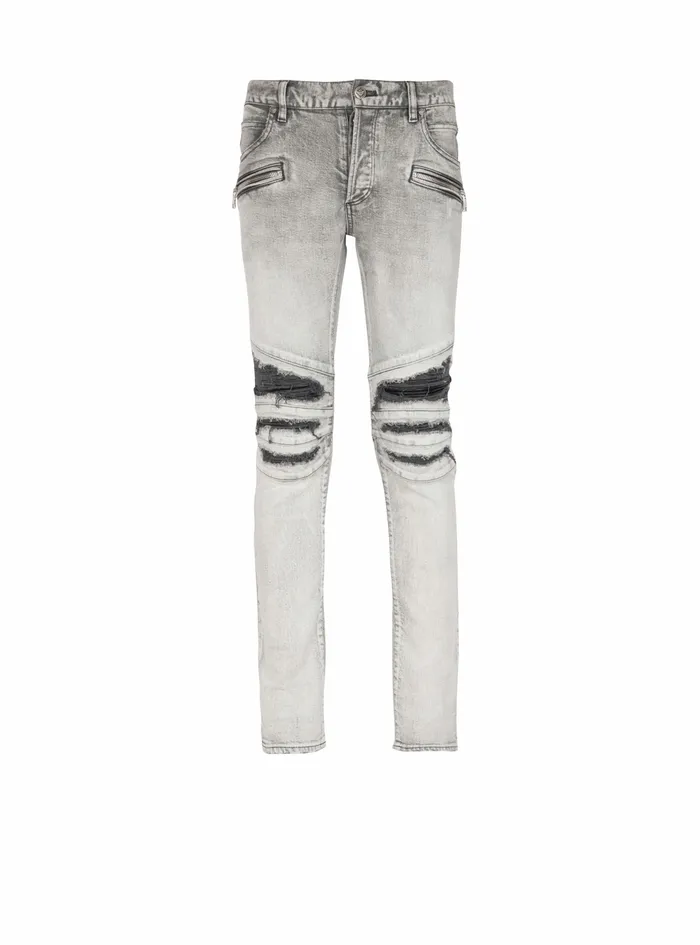 Balmain Denim Mens Slim Cut Ripped Cotton Jeans With Synthetic Leather Panels Grey Balmain Denim Mens Slim Cut Ripped Cotton Jeans With Synthetic Leather Panels Grey