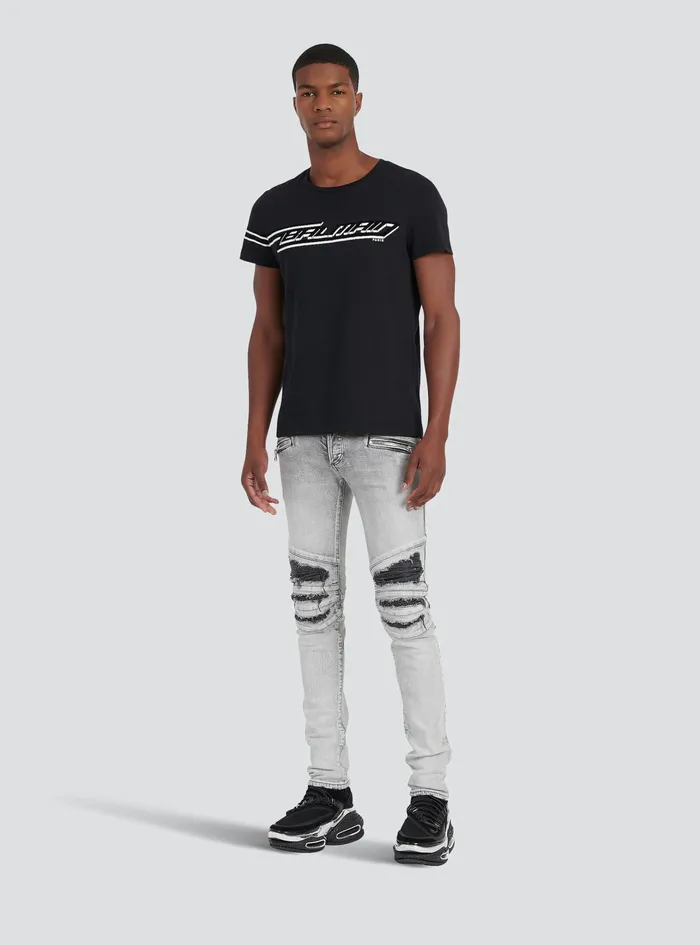 Balmain Denim Mens Slim Cut Ripped Cotton Jeans With Synthetic Leather Panels Grey