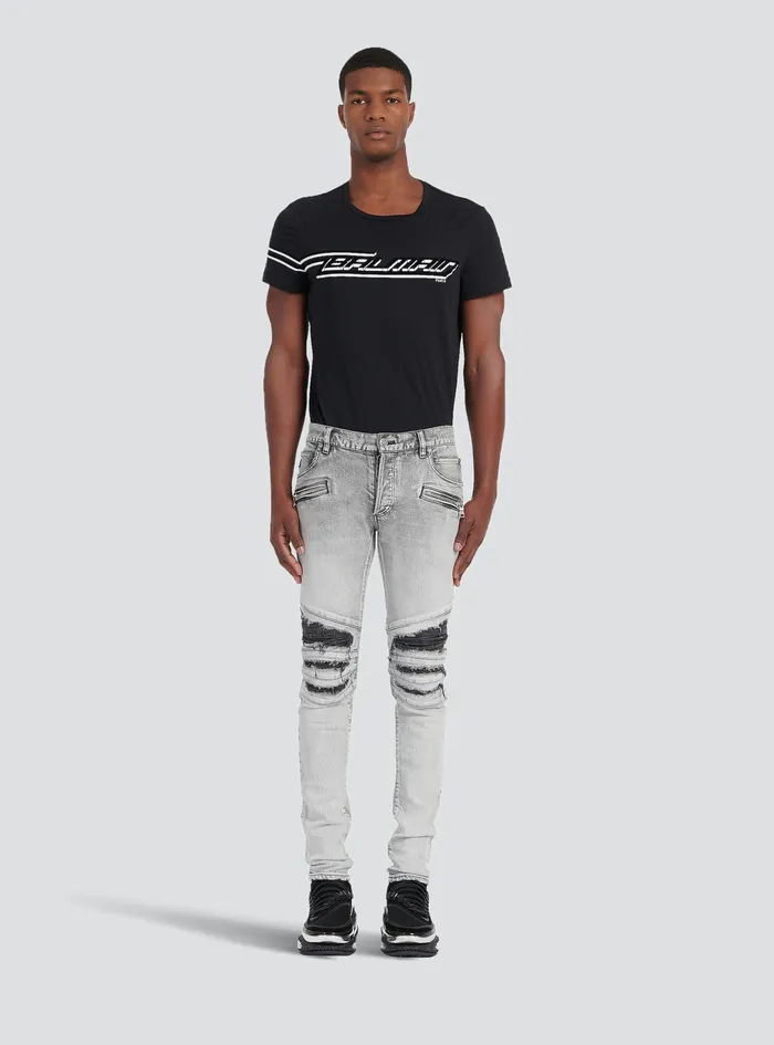 Balmain Denim Mens Slim Cut Ripped Cotton Jeans With Synthetic Leather Panels Grey