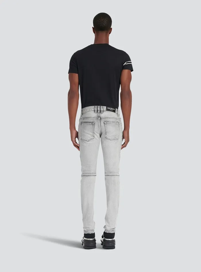 Balmain Denim Mens Slim Cut Ripped Cotton Jeans With Synthetic Leather Panels Grey