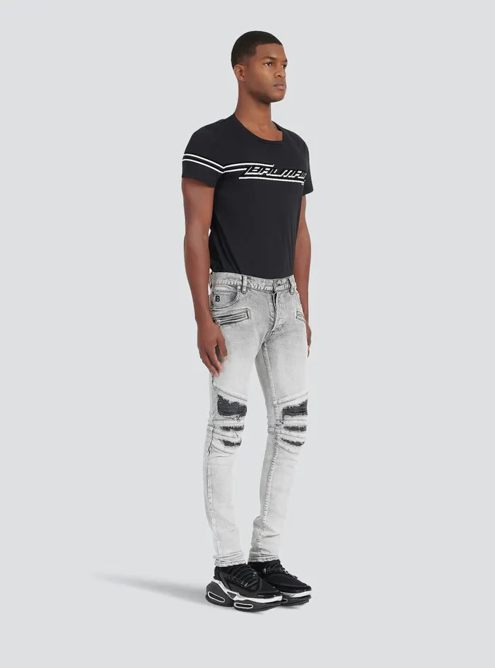 Balmain Denim Mens Slim Cut Ripped Cotton Jeans With Synthetic Leather Panels Grey