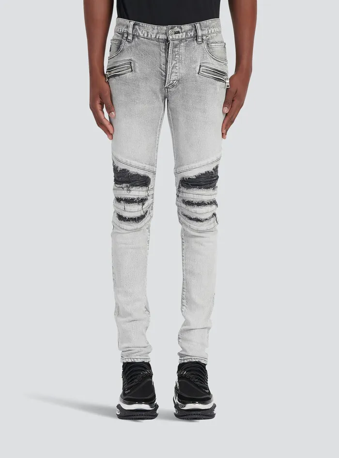 Balmain Denim Mens Slim Cut Ripped Cotton Jeans With Synthetic Leather Panels Grey