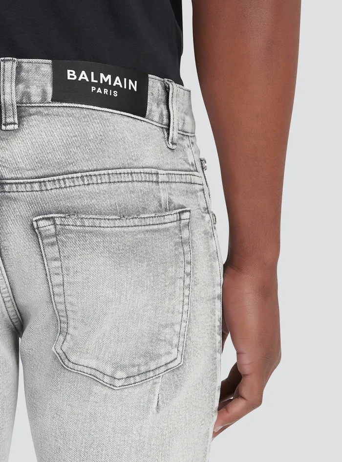 Balmain Denim Mens Slim Cut Ripped Cotton Jeans With Synthetic Leather Panels Grey