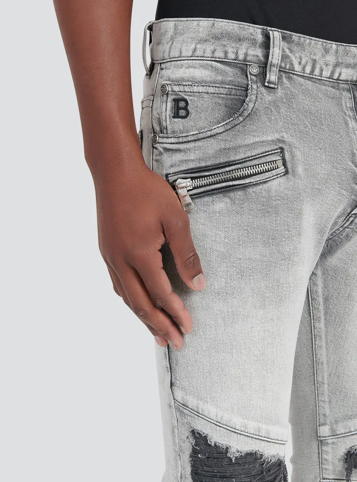 Balmain Denim Mens Slim Cut Ripped Cotton Jeans With Synthetic Leather Panels Grey