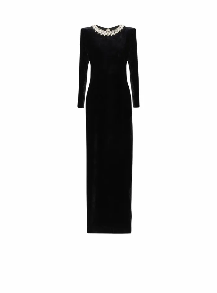Balmain Dresses Womens Crystal Embroidered Velvet Dress Black