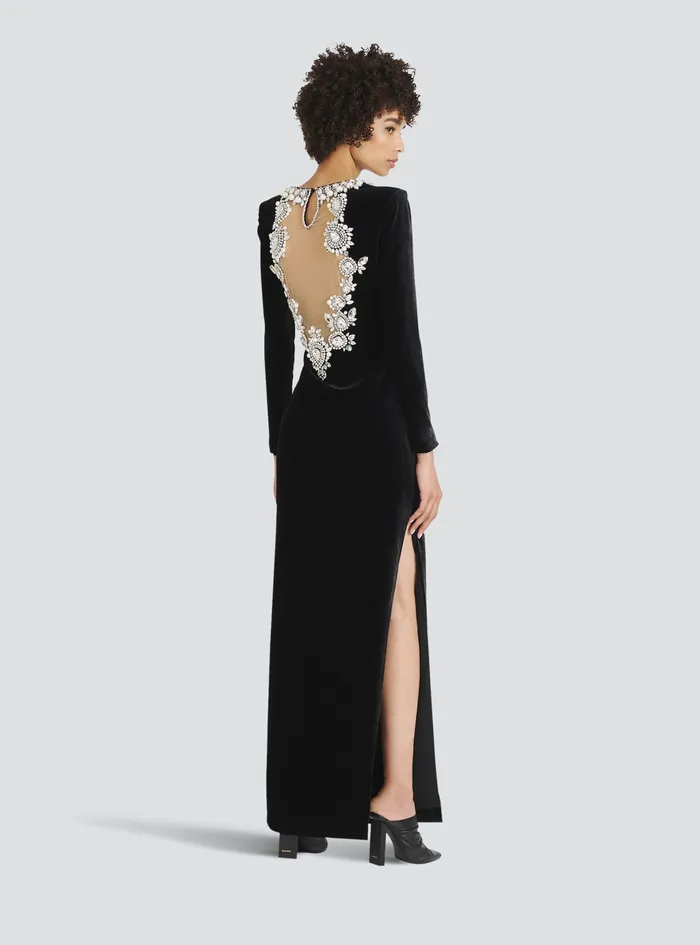 Balmain Dresses Womens Crystal Embroidered Velvet Dress Black Balmain Dresses Womens Crystal Embroidered Velvet Dress Black