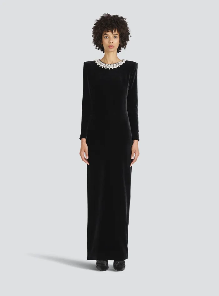 Balmain Dresses Womens Crystal Embroidered Velvet Dress Black Balmain Dresses Womens Crystal Embroidered Velvet Dress Black