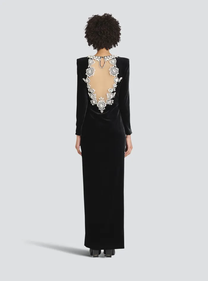 Balmain Dresses Womens Crystal Embroidered Velvet Dress Black Balmain Dresses Womens Crystal Embroidered Velvet Dress Black