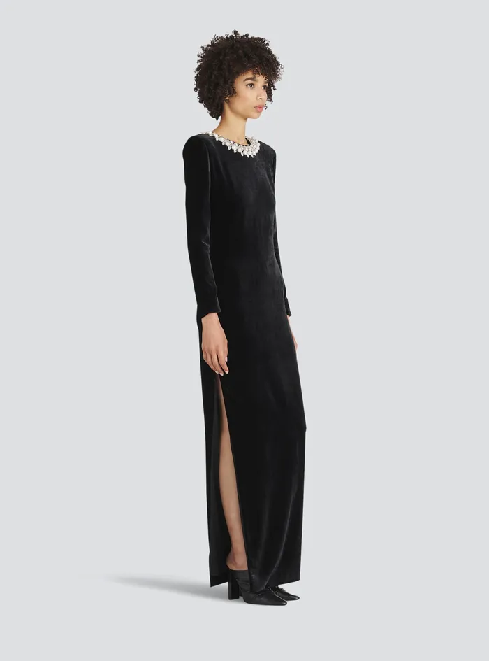 Balmain Dresses Womens Crystal Embroidered Velvet Dress Black Balmain Dresses Womens Crystal Embroidered Velvet Dress Black