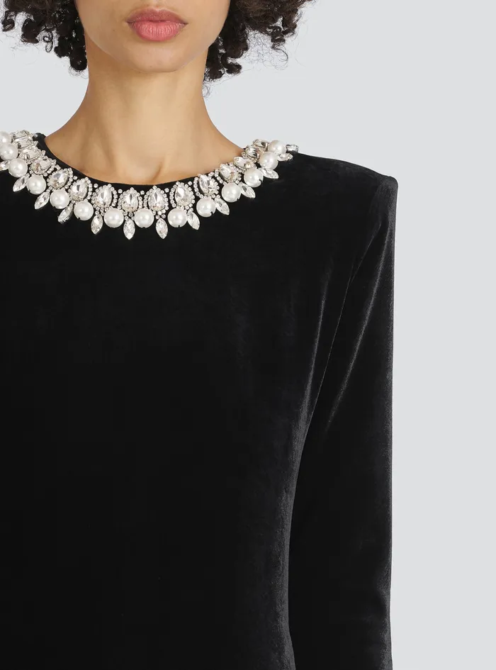 Balmain Dresses Womens Crystal Embroidered Velvet Dress Black Balmain Dresses Womens Crystal Embroidered Velvet Dress Black