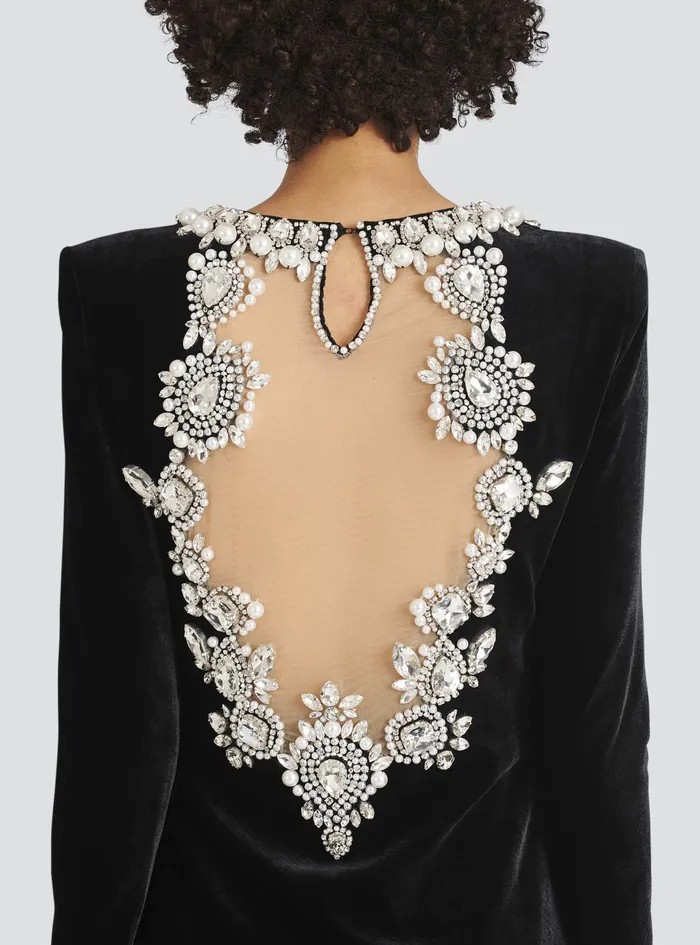 Balmain Dresses Womens Crystal Embroidered Velvet Dress Black Balmain Dresses Womens Crystal Embroidered Velvet Dress Black