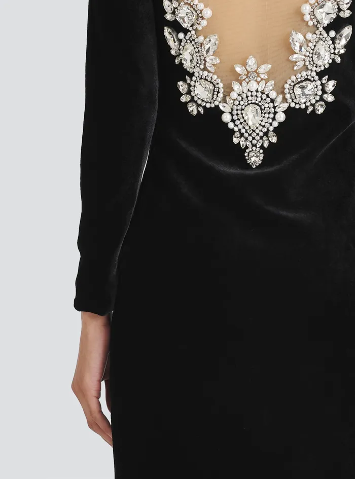 Balmain Dresses Womens Crystal Embroidered Velvet Dress Black Balmain Dresses Womens Crystal Embroidered Velvet Dress Black