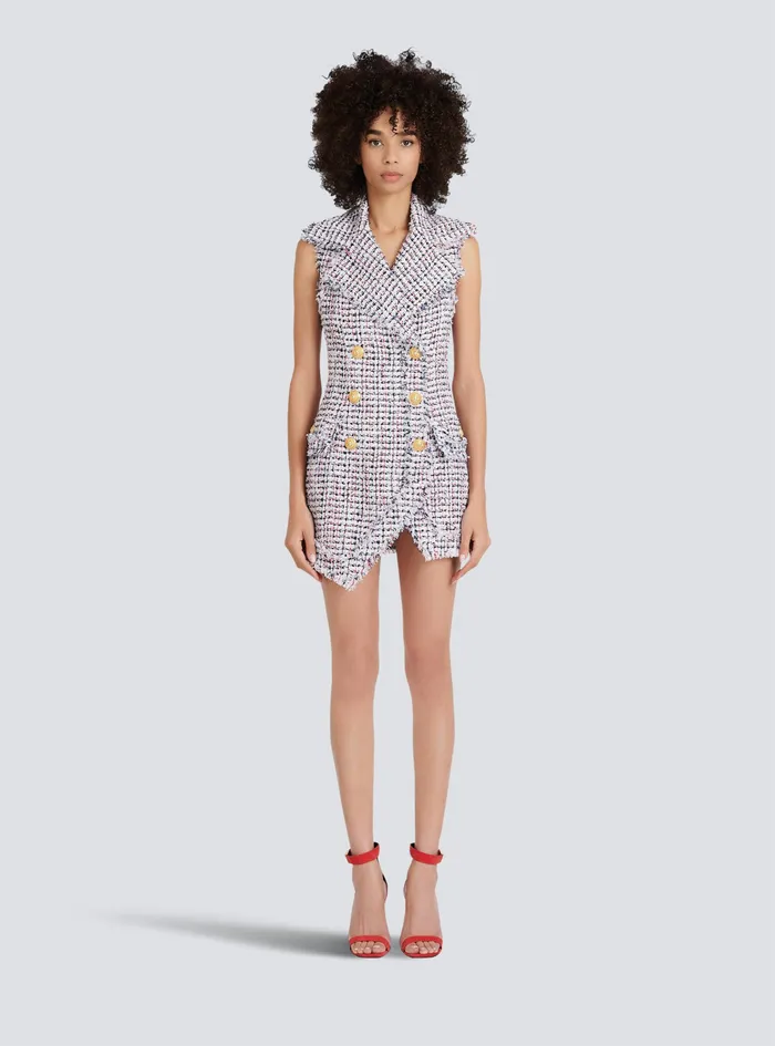 Balmain Dresses Womens High Summer Capsule 8211 Short Tweed Dress With DoubleBreasted GoldTone Buttoned Fastening Multicolor Balmain Dresses Womens High Summer Capsule 8211 Short Tweed Dress With DoubleBreasted GoldTone Buttoned Fastening Multicolor