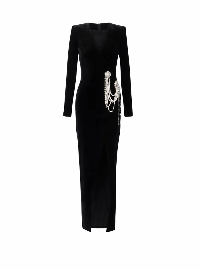 Balmain Dresses Womens Long Velvet Dress With Embroidery Black