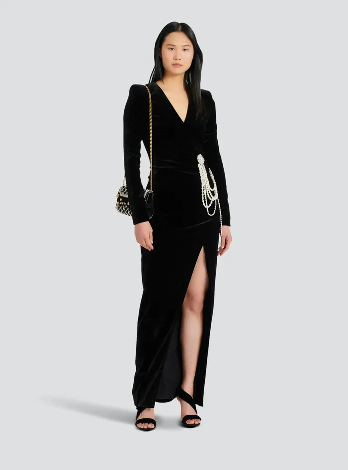 Balmain Dresses Womens Long Velvet Dress With Embroidery Black Balmain Dresses Womens Long Velvet Dress With Embroidery Black