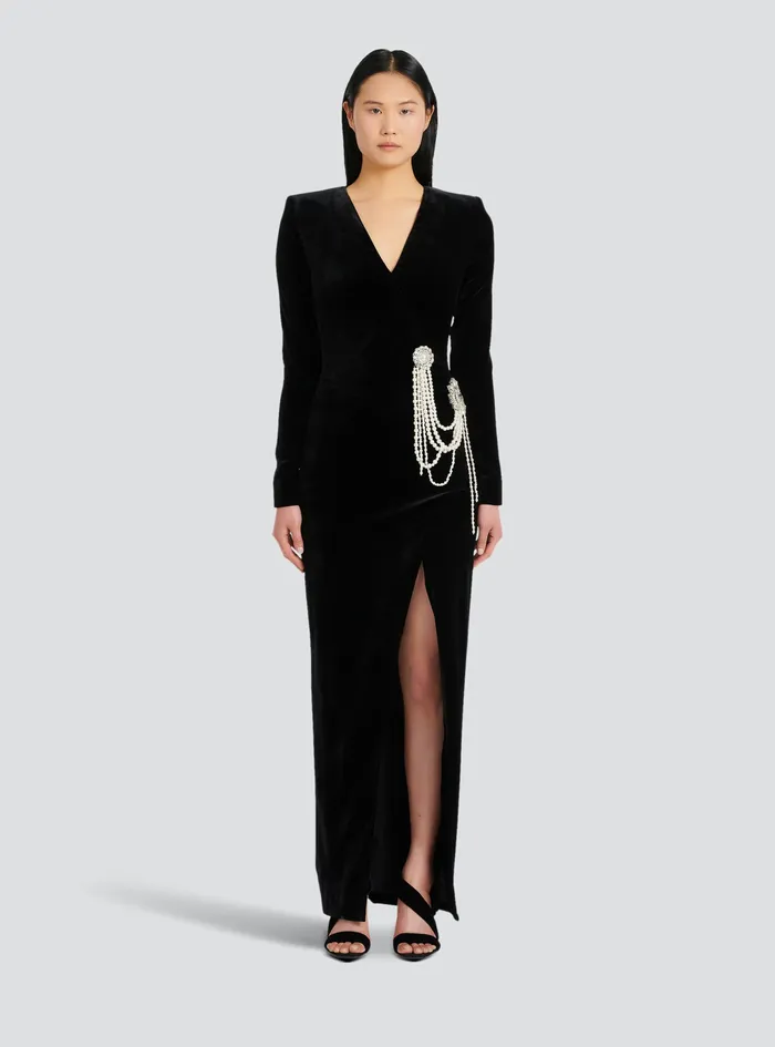 Balmain Dresses Womens Long Velvet Dress With Embroidery Black Balmain Dresses Womens Long Velvet Dress With Embroidery Black
