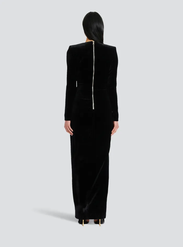 Balmain Dresses Womens Long Velvet Dress With Embroidery Black Balmain Dresses Womens Long Velvet Dress With Embroidery Black