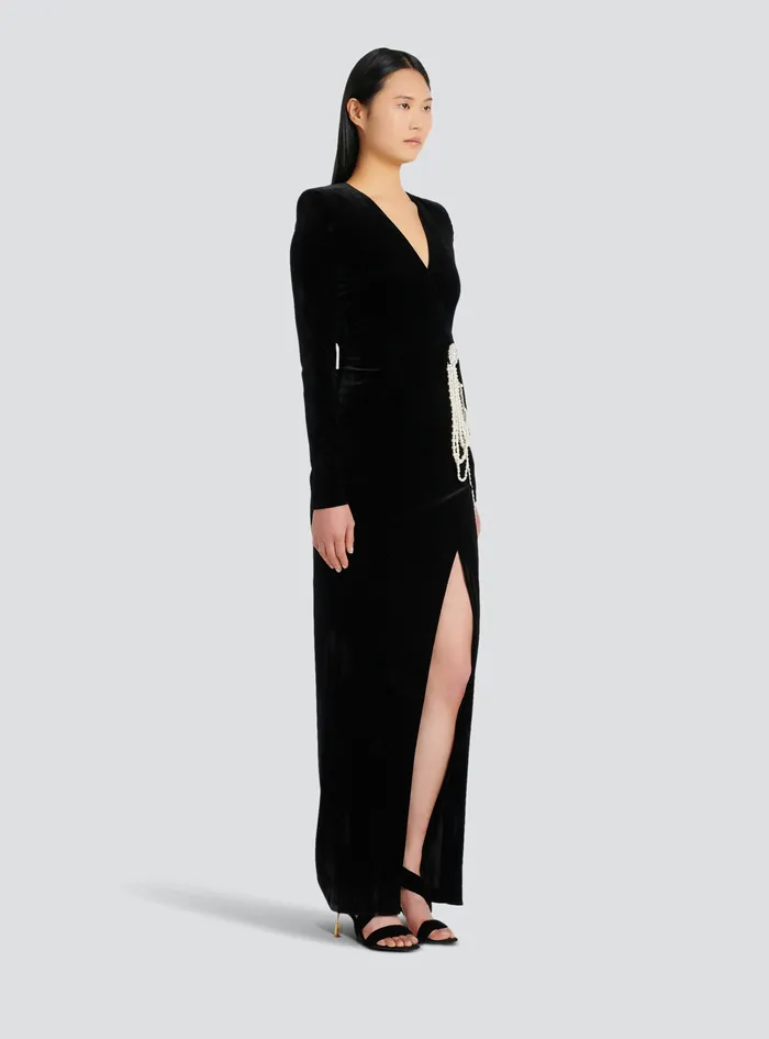 Balmain Dresses Womens Long Velvet Dress With Embroidery Black Balmain Dresses Womens Long Velvet Dress With Embroidery Black