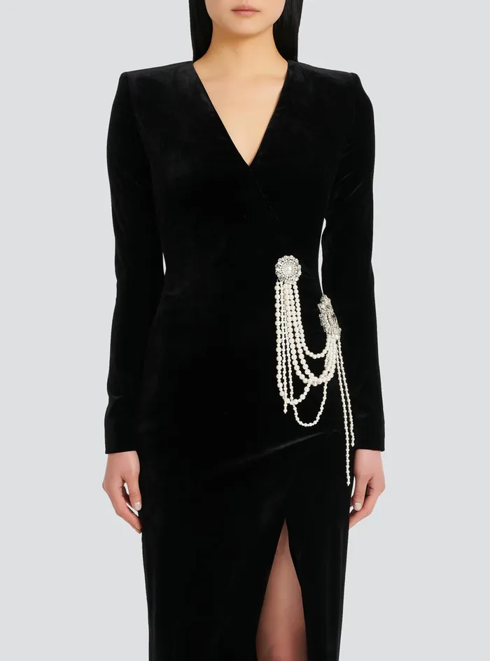 Balmain Dresses Womens Long Velvet Dress With Embroidery Black Balmain Dresses Womens Long Velvet Dress With Embroidery Black