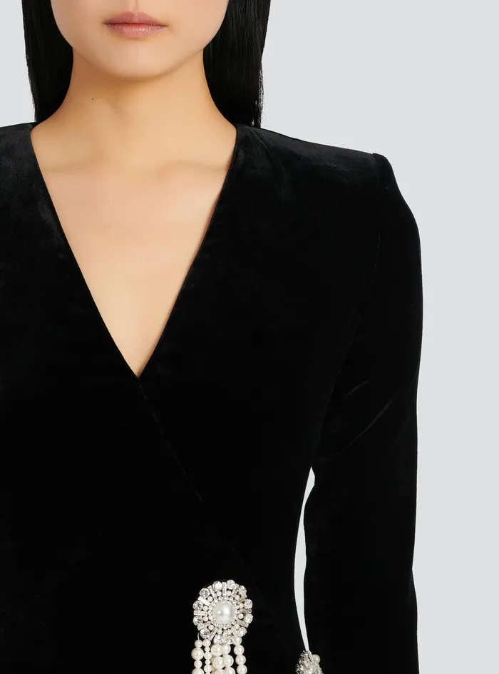 Balmain Dresses Womens Long Velvet Dress With Embroidery Black Balmain Dresses Womens Long Velvet Dress With Embroidery Black