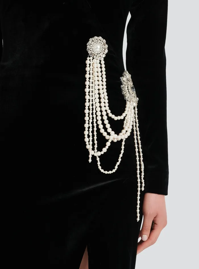 Balmain Dresses Womens Long Velvet Dress With Embroidery Black Balmain Dresses Womens Long Velvet Dress With Embroidery Black