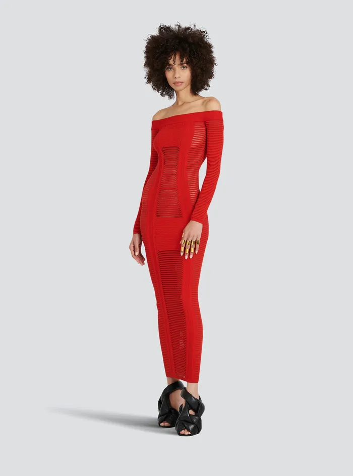 Balmain Dresses Womens MidLength Knit Bustier Dress Red Balmain Dresses Womens MidLength Knit Bustier Dress Red