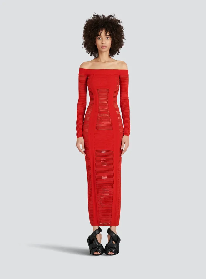 Balmain Dresses Womens MidLength Knit Bustier Dress Red Balmain Dresses Womens MidLength Knit Bustier Dress Red