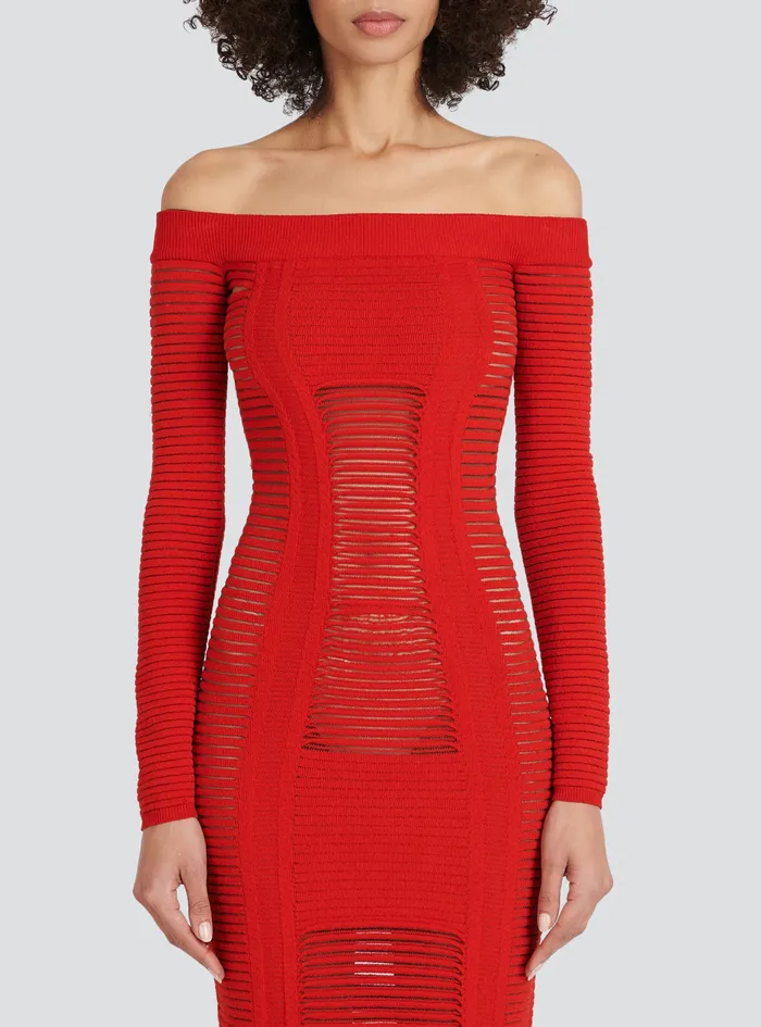 Balmain Dresses Womens MidLength Knit Bustier Dress Red Balmain Dresses Womens MidLength Knit Bustier Dress Red