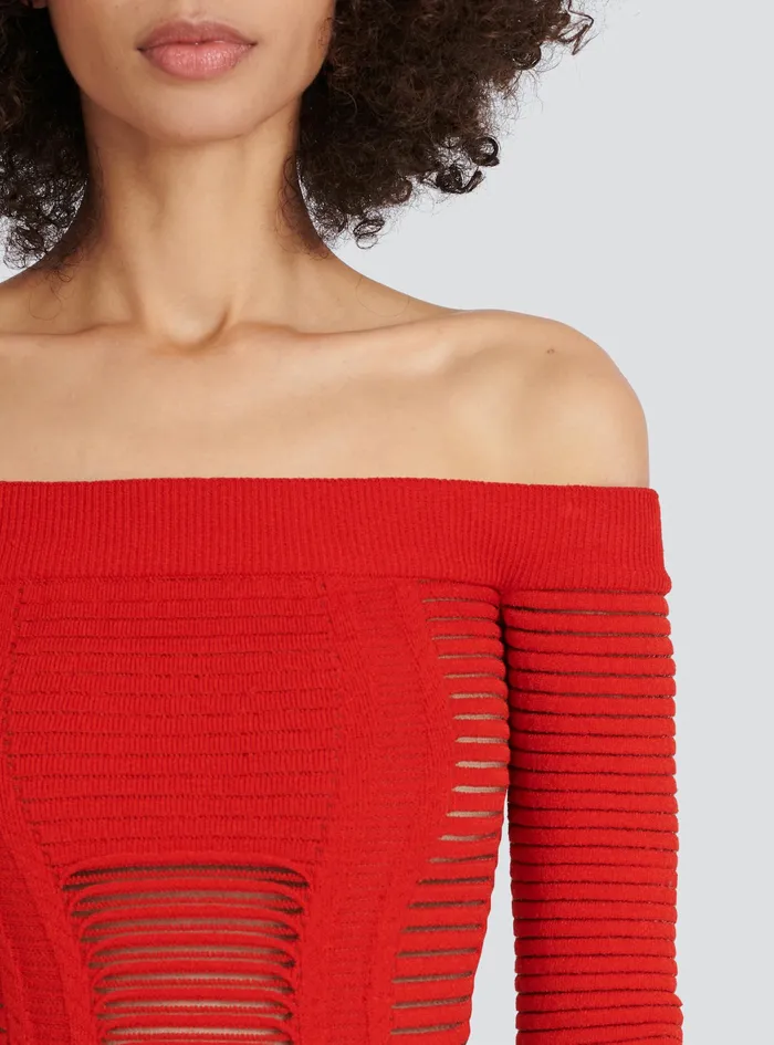 Balmain Dresses Womens MidLength Knit Bustier Dress Red Balmain Dresses Womens MidLength Knit Bustier Dress Red