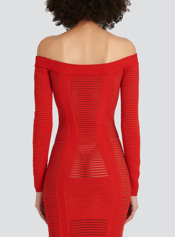 Balmain Dresses Womens MidLength Knit Bustier Dress Red Balmain Dresses Womens MidLength Knit Bustier Dress Red